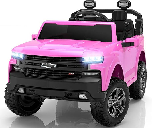 ENYOPRO 24V 2 Seater Electric Car for Kids, Licensed Chevrolet Silverado LT Trail Boss Kids Ride on Car w/Remote Control, LED Lights, Bluetooth, 90W Motor, All-Terrain Wheels, Truck Bed Storage, Pink