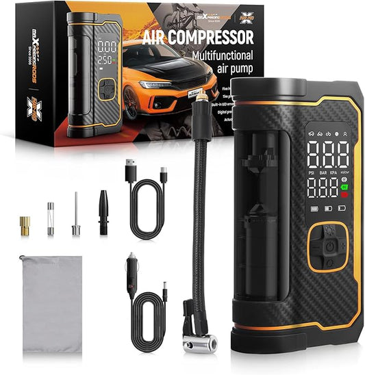 maXpeedingrods Tire Inflator Portable Air Compressor 150PSI Cordless Car Tire Air Pump with Digital Dual Displays, LED Light, Auto Shut-Off, Memory Function, Air Pump for Car, Bike, Motorcycle, Ball