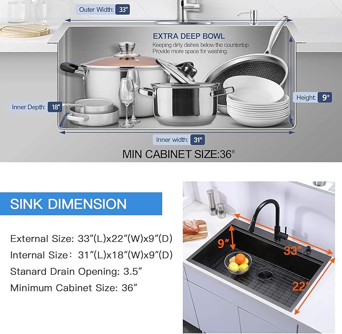 33x22 Drop In Kitchen Sink Black, 33 Inch Gunmetal Black Workstation Stainless Steel 16 Gauge Topmount Single Bowl 9 Deep Sink With Integrated Accessories & Features