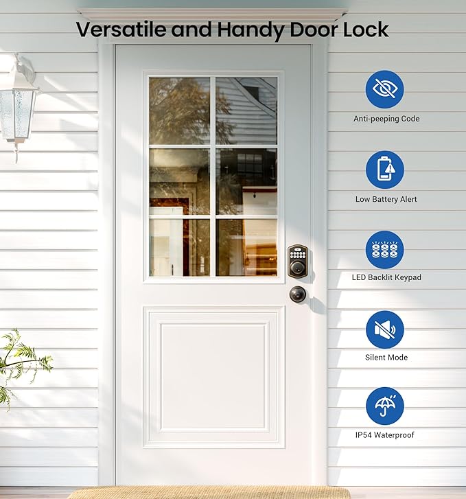 Veise Keyless Entry Door Lock with 2 Knobs, Electronic Backlit Keypad Deadbolt with Handle Set, Auto Lock, One-time Codes, Smart Deadbolt for Front Door, Easy Installation, Oil-Rubbed Bronze