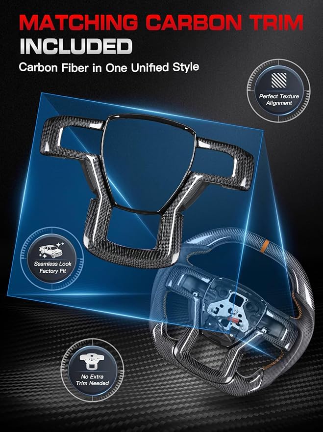 Heated Steering Wheel for F150 Raptor 2017–2020, Double-D Flat-Top & Bottom, Orange Stripe & Stitching, Nappa Perforated Leather Grip, for Raptor with Paddle Shifter Models