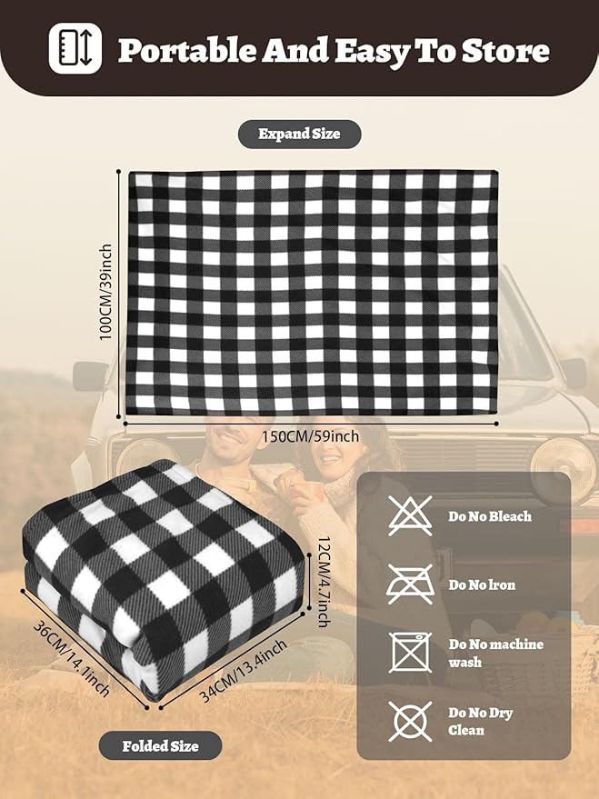 12V Car Heated Blanket 59"x39"Portable Heated Blanket for Travel with 4 Heating 4 Timing Settings Soft and Comfortable for Car SUV Camping（Black&White）
