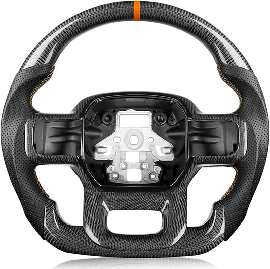 Carbon Fiber Steering Wheel for F150 2021-2024 Orange Stripe&Stitching Black Nappa Leather D-shaped Flat-bottom Steering Wheel for F150 without Paddle Shifter Models