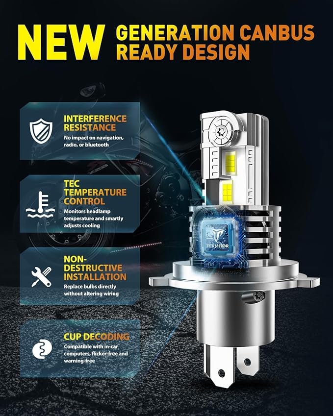 Latest H4/9003/HB2 Bulbs, 75,000LM 12X Ultra Brighter, 6500K Cool White, Real 1:1 Mini Size, H4 Fog Lights with Cooling Fan, Plug and Play, Pack of 2