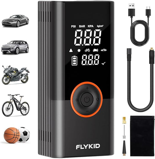 FLYKID Tire Inflator Portable Air Compressor - 150PSI Digital Air Pump for Car Tires, Fast Inflation for SUV/Motorcycle/Bicycle, LED Light, Rechargeable Battery - Roadside Emergency (Large)