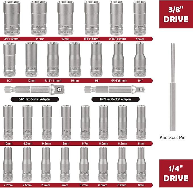 33mm Deep Reach Bolt Extractor Kit, with 3/8, 1/4 Inch Adapter, Ez Out Deep Broken Lug Nut Removal Socket Set, Easy-Out Spark Plug Remover Tool, for Stripped Rusted Bolts, Stud, Nuts Screw (32-Pieces)