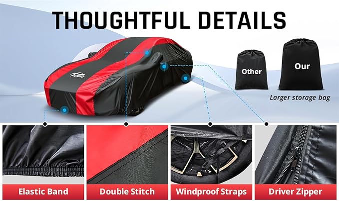 Waterproof Car Cover with Red Stripe Design,Outdoor/Indoor Car Cover for Automobiles All Weather Waterproof Universal Fit Audi A8L, Lexus LS500, Jaguar XJ,Benz S-Class
