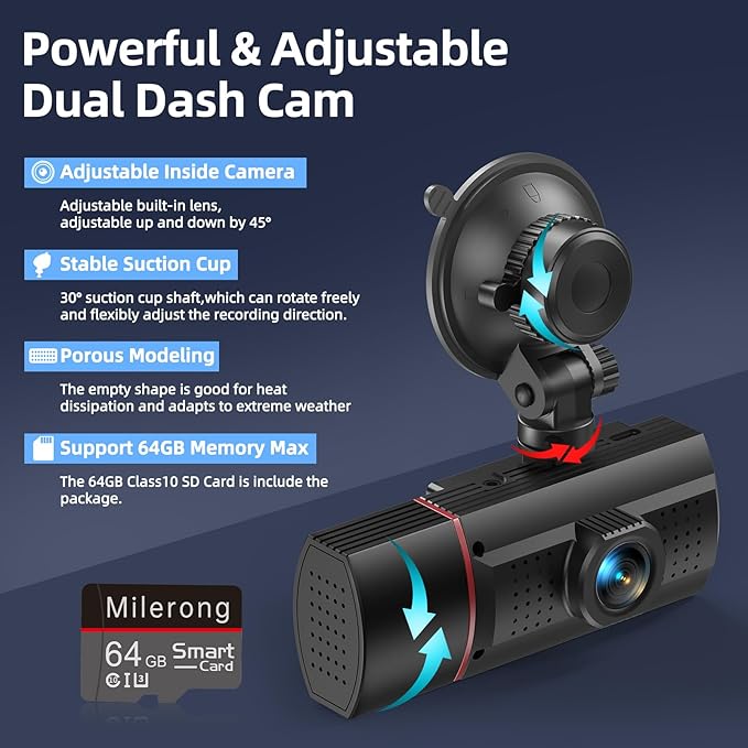 Dual Dash Cam Front and Inside with 64GB Card,Milerong X25 1080P Dash Camera for Cars with Infrared Night Vision,Loop Recording,G-Sensor,24H Park Monitor,Inside Car Camera for Uber/Lyft/Taxi Driver