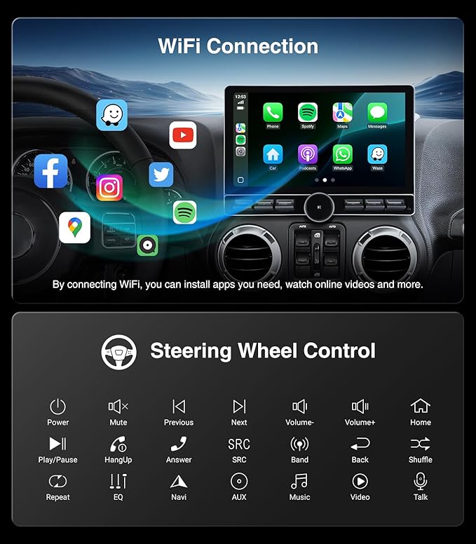 Car Stereo Radio Replacement Upgrade for Jeep Wrangler JK 2007-2018 Dodge Ram 1500 2500 2009-2012 Compass Grand Cherokee Wireless CarPlay Android Auto GPS Navigation Touchscreen Head Unit (6G+64G)