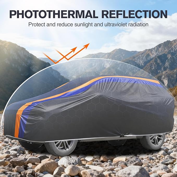DINGHAO Car Cover Waterproof All Weather with Hot Stitching for Automobiles,6 Layers Outdoor Full Exterior Cover Sun UV Rain Snow Wind Protection Fit for 209"(209 * 75 * 71 inch) SUV