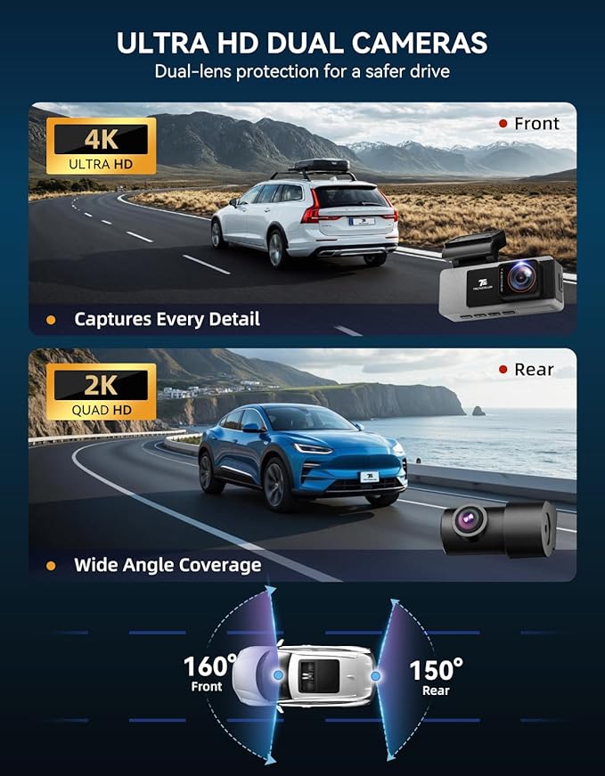 Dash Cam Front and Rear, 4K Full HD Dual Dash Camera with Starlight Night Vision, Bulit-in GPS & 5G WiFi, Free 64GB Card Included, with G-Sensor, WDR, 24H Parking Mode, Support 512GB Max