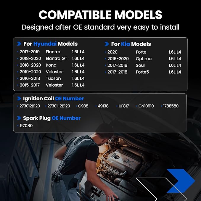 4-Pack UF817 Ignition Coils & 97080 Spark Plugs Kit Compatible with Hyundai Elantra/GT/Kona/Veloster/Tucson/Veloster, Compatible with Kia Optima/Soul/Forte5/Forte 1.6L L4- Replaces 273012B120