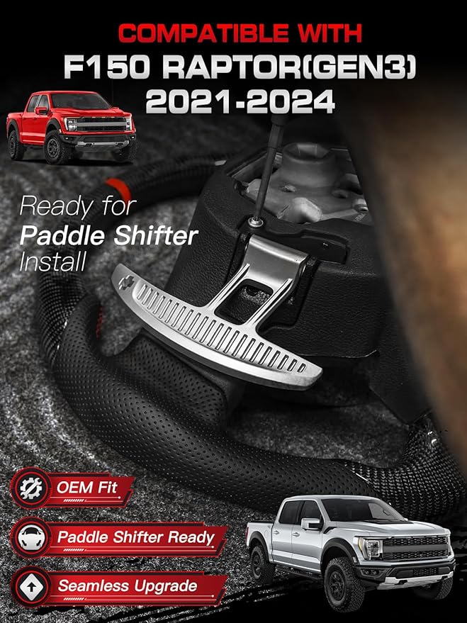 Carbon Fiber Heated Steering Wheel for F150 Raptor 2021–2024, D-Shaped Flat-Bottom, Hand-Stitched Nappa Leather Grip, Matching Decorative Trim Piece, for Raptor with Paddle Shifter Models