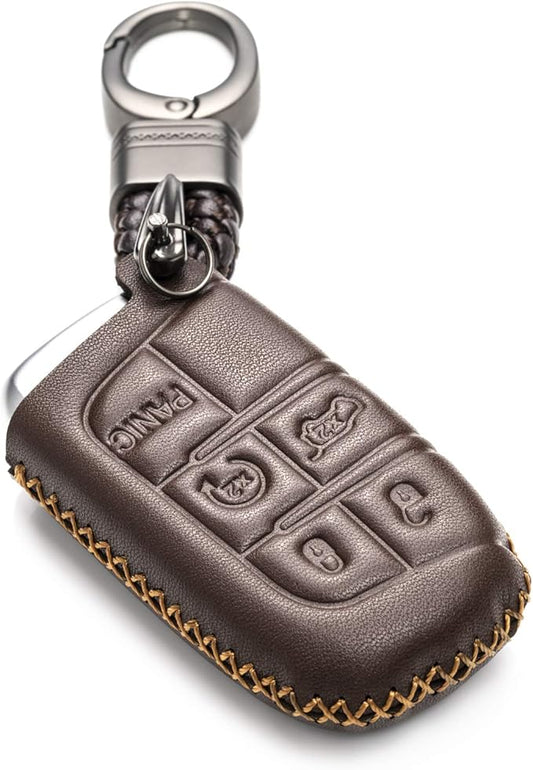 Vitodeco Genuine Leather Smart Key Keyless Remote Entry Fob Case Cover Compatible for Jeep, Dodge, Chrysler (2014 - 2022 Models) - 3 to 5 Buttons, Brown