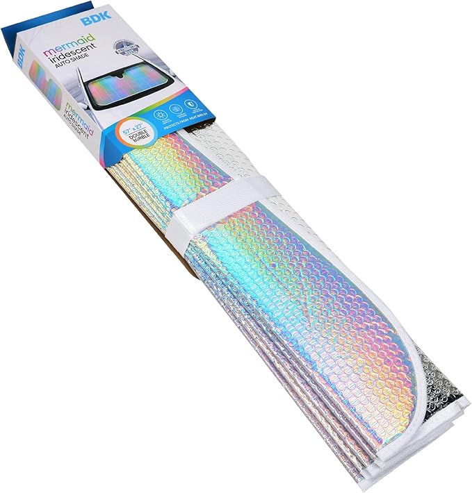 BDK Iridescent Mermaid Car Windshield Sun Shade Accordion Folding Sunshade for Windshield Blocks UV Rays Sun Visor for Car Front Window Protector - Easy Setup Keeps Vehicle Cool - 58 x 27