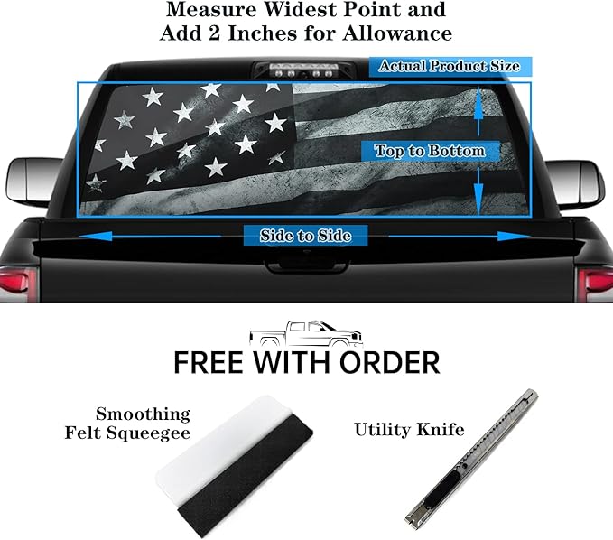 Truck Rear Window Decal Wrap Size 58" x 18" American Flag Graphic Perforated Vinyl Sticker Patriotic Decoration Fit Most Pickup Trucks SUV