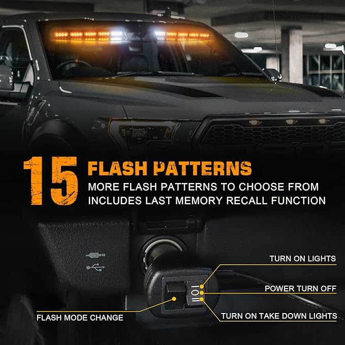 XRIDONSEN Emergency Visor Lights Bar Interior Windshield Strobe Lights 40 LED Amber Warning Flashing w/White Take Down Deck Split Mount for Construction Vehicles Snow plow Trucks (2x17 inch)