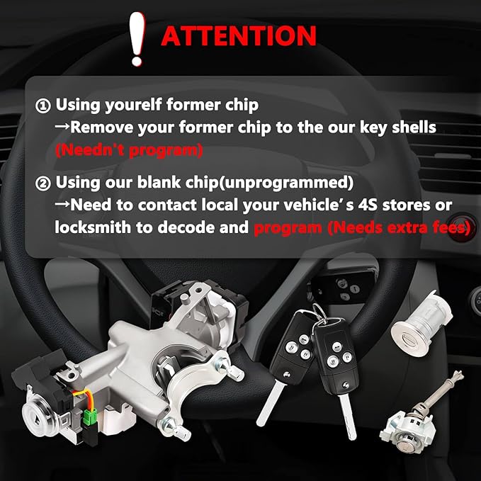 RAMATA 72185-TR0-A01 Ignition Switch Lock Cylinder with Key (with Blank Chip) Compatible with 2012 2013 2014 Honda Civic,(Ignition Chip: 46,Frequency: 433Hz)