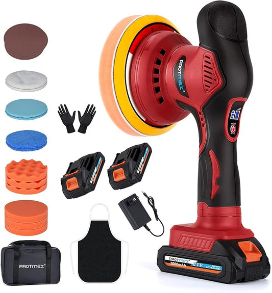 Cordless Car Buffer Polisher w/ 2x2000mAh 21V Batteries, 6 Inch Car buffer Waxer Kit, Car Polishing Machine w/ Extra 18 PCS Attachments & 6 Variable Speed, Car Buffer Polisher for Car Detailing (Red)