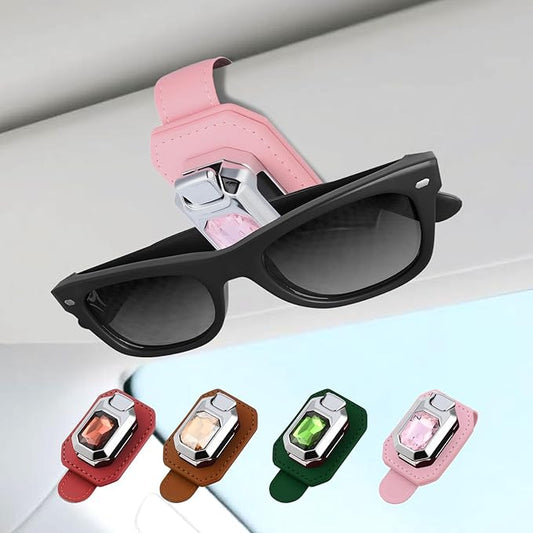 Sunglasses Holder for Car Visor, Leather Eyeglasses Clip for Car, Universal Car Visor Accessories for Glasses Organization, One-Hand Push Button Sunglasses Holder with Rhinestone Design (Pink-01)