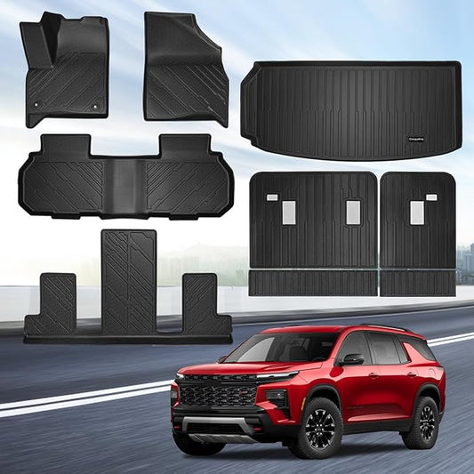 All-Weather Floor Mats for 2026 Chevy Traverse, 2024-2026 Chevrolet Traverse (7-Seat Non-Limited), GMC Acadia & 2025-2026 Buick Enclave, 9Pcs TPE Floor Liners, Custom Fit Car Accessories, Black