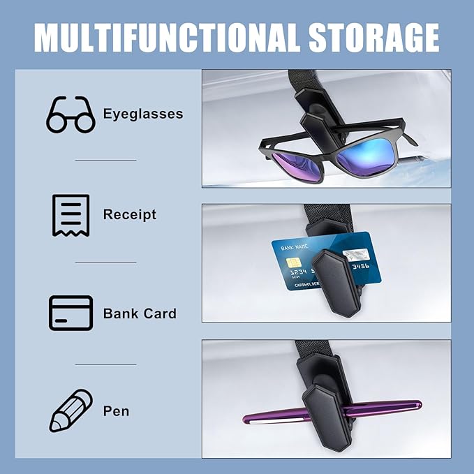 Veharvim One-Handed-Operation Sunglasses Holder for Car, Visor Sunglass Holder Clip, Car Accessories Interior, Universal Fit Silicone Padded Visor Sunglass Holder Car, Unmatched Durability (2 Pack)