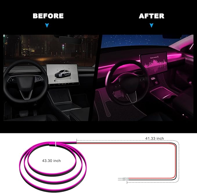 Acrylic Interior Car LED Strip Light with 6mm Sewing Edge - 43.3 inches Ambient Lighting Kits, Neon LED Strip Light(110CM/43.3IN, Pink)