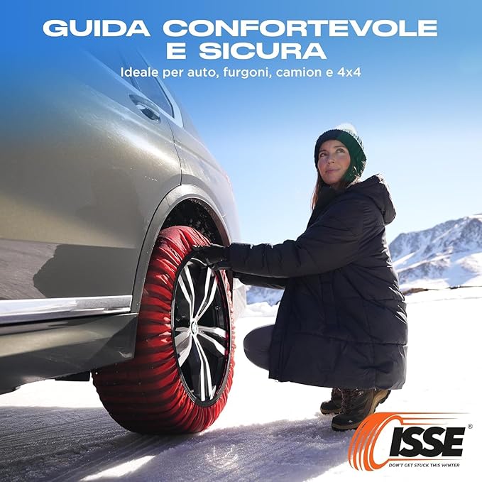 ISSE Safety | Snow Socks for Tires-Alternative Device to Snow Chains or Tire Chains for Cars-Certified Tire Snow Socks Kit (Set of 2 + Gloves) and Snow Chains for Suv