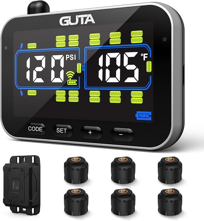 GUTA Trailer Tire Pressure Monitoring System, RV Tire Pressure Monitor with 6 Sensors, 6 Alert Modes, Signal Booster, Large Color Display, Long Sensing Distance, 0-188PSI TPMS for RV Trailer Semi