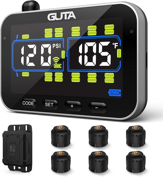 GUTA Trailer Tire Pressure Monitoring System, RV Tire Pressure Monitor with 6 Sensors, 6 Alert Modes, Signal Booster, Large Color Display, Long Sensing Distance, 0-188PSI TPMS for RV Trailer Semi
