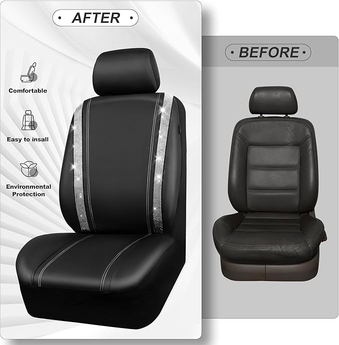 CAR PASS Bling Diamond Car Seat Covers, Shining Rhinestones Waterproof Faux Leather, 8 Seats 3 Rows with Zipper Glitter Crystal Sparkle Strips Universal Fit 95% MPV,SUV,CAR for Women Girl, Silver