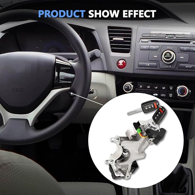 RAMATA 0635lT6PH01 06351-T6P-H01 Ignition Switch Lock Cylinder with Key (with Blank Chip) Compatible with 2014 2015 Honda Civic 1.8L, Replace # US1326 (Ignition Chip: 47,Frequency: 313.8Hz)