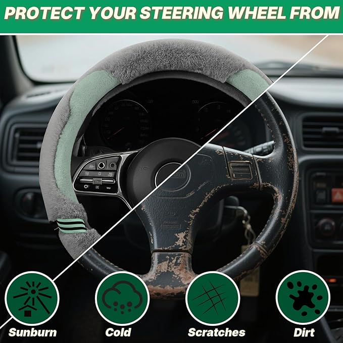 Universual Fluffy Fur Soft Fuzzy Steering Wheel Cover Leather Women Men Pink Sporty Cute 14 inch Car Accessories Non-Slip Decoration