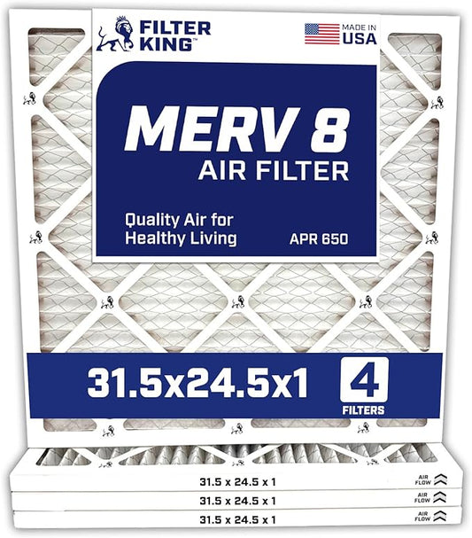 Filter King 31.5x24.5x1 Air Filter | 4-PACK | MERV 8 HVAC Pleated A/C Furnace Filters | MADE IN USA | Actual Size: 31.5 x 24.5 x .75"