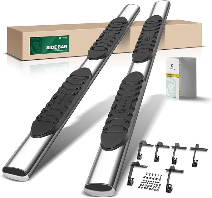 YHTAUTO 5 Inch Running Boards Side Steps Compatible with 2019-2025 Ram 1500(Excl. Ram 1500 Classic), Extended/Quad Cab, Oval Straight Stainless Steel Polished Chrome, Truck Cab Side Step Rails