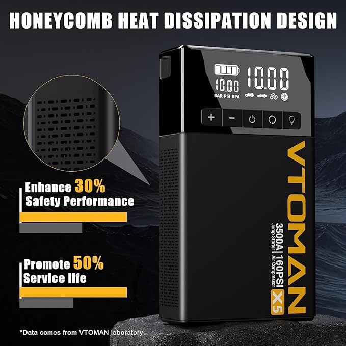 VTOMAN X5 Jump Starter with Air Compressor, 3500A Portable Car Battery Booster (Up to 9L Gas/8L Diesel Engines) with 160PSI Digital Tire Inflator, 12V Lithium Battery Jump box with Type-C Quick Charge