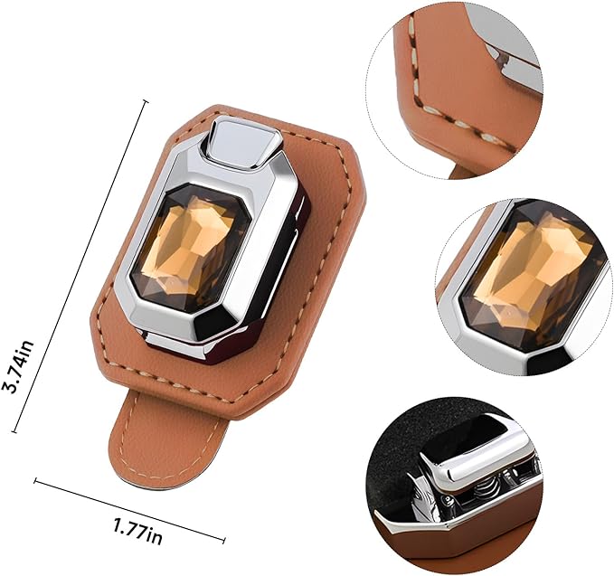 Sunglasses Holder for Car Visor, Leather Eyeglasses Clip for Car, Universal Car Visor Accessories for Glasses Organization, One-Hand Push Button Sunglasses Holder with Rhinestone Design (Orange-01)