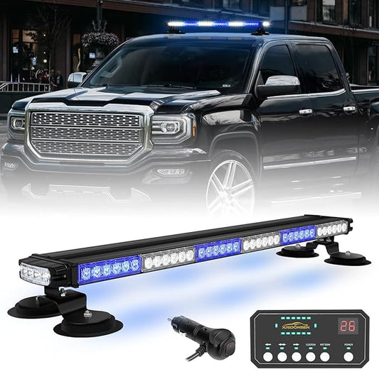 XRIDONSEN 28.4" 80 LED Blue White Roof Top Emergency Light Bar Magnetic Firefighter Police Lights Strobe Warning Flashing Safety Beacon Double Side First Responder Lights for Vehicles Fire POV Trucks