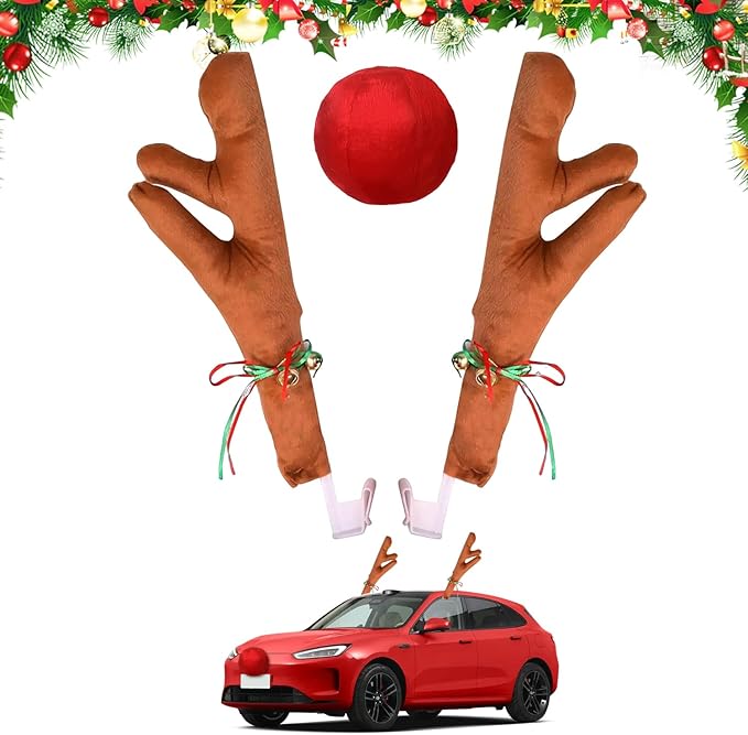 Car Reindeer Antler Kit Nose, Reindeer Antlers Christmas for Car Window Roof-Top & Front Grille, Auto Christmas Accessories Decoration Kit SUV Van Truck