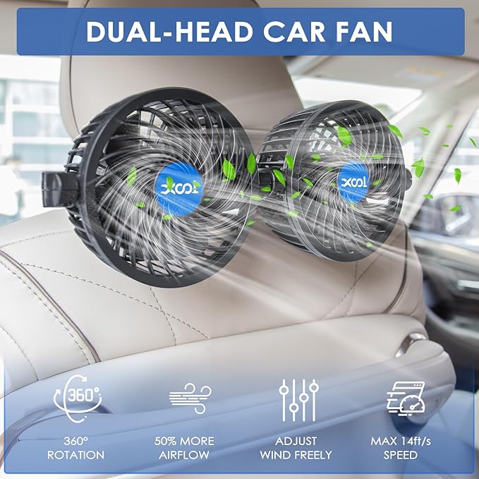 XOOL Electric Car Fans for Rear Seat Passenger Portable Fans Headrest 360 Degree Rotatable Backseat Car Fan 12V Cooling Air Fan with Stepless Speed Regulation for Vehicles, SUV, RV