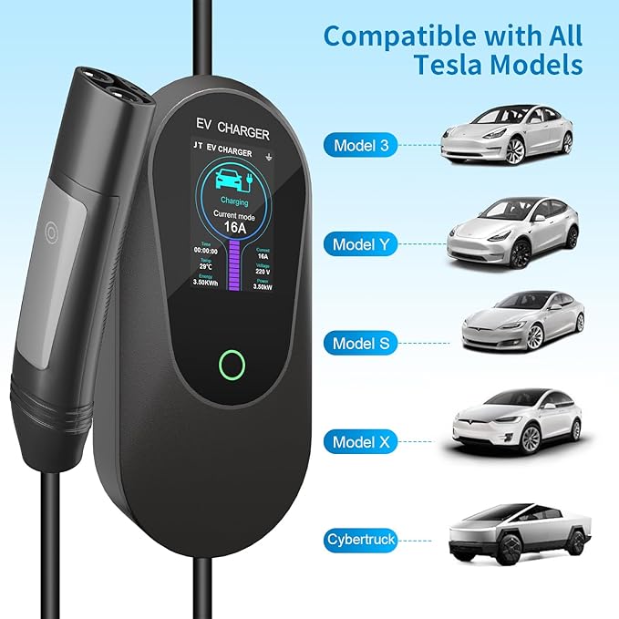 16A Portable Charger with NACS Connector, 25ft Cable, with 240V NEMA 6-20 Plug, 120V NEMA 5-15 Adapter, NACS Connector,Home Charging Stations for ModelY/3/S/X,Level 1/2 EV Chargers.