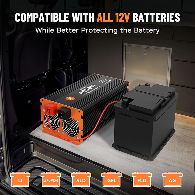 4000 Watt Power Inverter 12V DC to 110V/120V AC Converter Peak Power 8000W Car Inverter with LCD Display 2 AC Outlets USB Port Cables Included for RV,Truck,Off-Grid Solar System Remote Controller