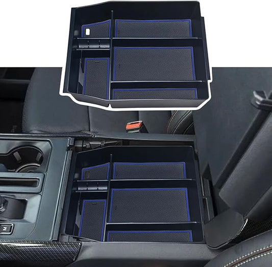 Center Console Organizer Compatible with 2021 2022 2023 2024 Ford F150 Interior Accessories, Armrest Box Insert Storage Tray (Full Console w/Bucket Seats ONLY)-Blue Trim