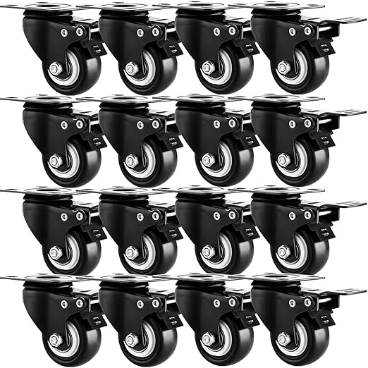1.5" Casters Set of 16 Heavy-Duty Industrial Caster Wheels with Brake PU No Noise Wheels Double Locking and Double Ball Bearing Swivel Locking Casters for Workbench, Furniture, Plate Castors Black