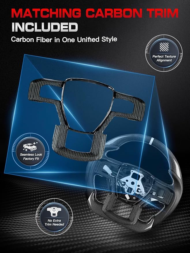 Steering Wheel for F150 Raptor 2017-2020 Real Carbon Fiber with Heated with Decorative Trim Piece White Stripe&Stitching Black Nappa Leather D-shaped for Raptor with Paddle Shifters Models