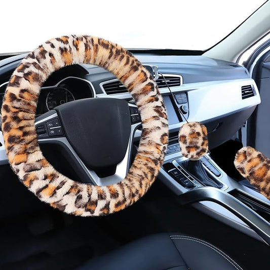 Accmor Fluffy Car Steering Wheel Cover, Universal Fuzzy Wheel Cover 14 1/2-15 & Handbrake Cover & Gear Shift Cover Set, Anti-Slip Leopard Warm Fur Vehicle Wheel Protector Car Accessories for Men Women