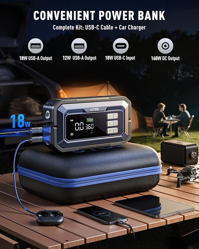 UTRAI Jump Starter with Air Compressor 150PSI, 7000A Peak 12V Jump Box for Car Battery (All Gas/12.0L Diesel), 160W DC Output Car Jumper Starter Portable, Jump Pack with OBD II Scanner, LED Light