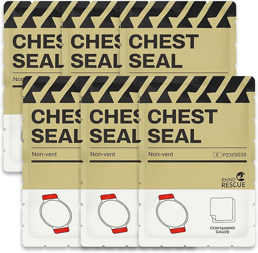 RHINO RESCUE Chest Seal Non-Vented, Sterile Emergency Trauma Dressing, Occlusive Adhesive Pad, IFAK Refill & Medical First Aid Supplies for Wound Care, Gunshot Wound, Sucking Chest (6 Count)