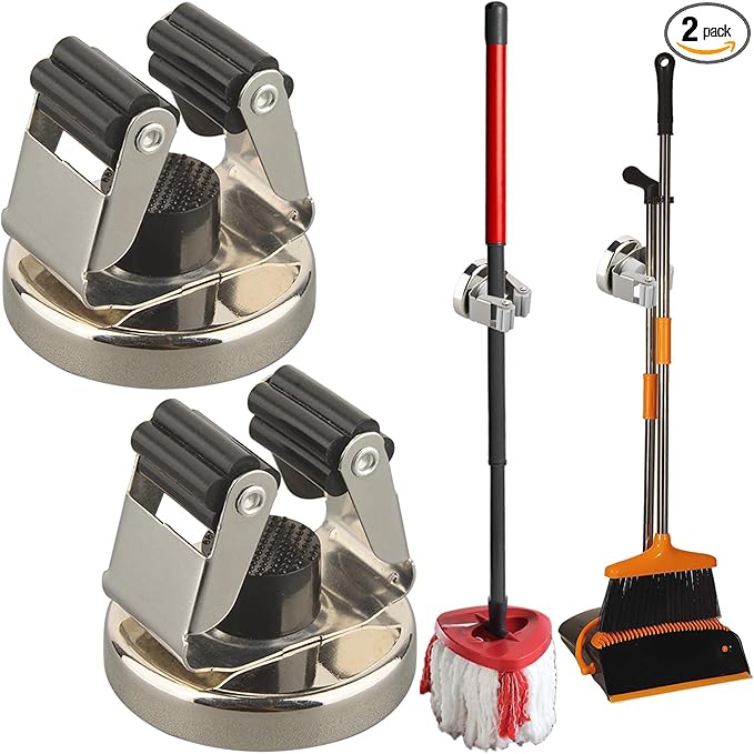 MUTUACTOR Magnetic Broom Holder,Anti-broken Broom and Mop Tool Holder,2PCS Adjustable Magnet Holder Broom Mop Clip with 360 Swivel Rack for Hanging in Metal Door Refrigerators Washer Machine