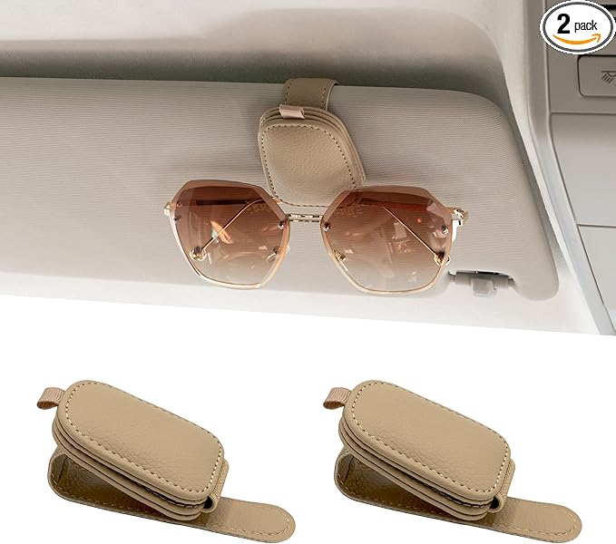 Yuoyar Sunglass Holder for Car, Magnetic Leather Sunglasses Holder and Ticket Card Clip, Car Visor Accessories, 2 Packs (Beige)